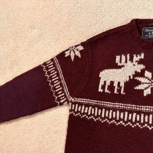 ABERCROMBIE & FITCH Hand Knit Sweater Men’s Large 100% Wool Fair Isle Moose - Picture 4 of 9